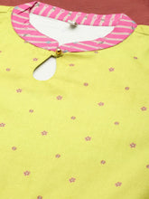 Lime Yellow & Pink Printed Pleated A-Line Maxi Velvet Ethnic Dress-AHDRVLDP-1034